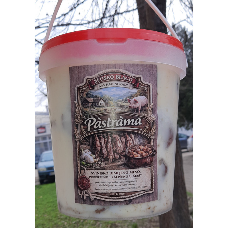 PASTRAMA domaće dimljeno proprženo meso zaliveno u mast  kofa od 2.5.kg